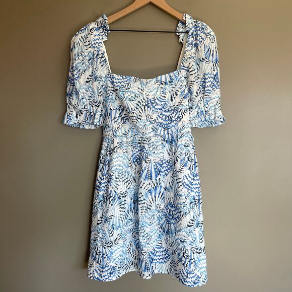 NWT SALONI Rachel-D Mini Dress Neptune Azure Size 2 Blue White Linen Puff Sleeve - Picture 5 of 16